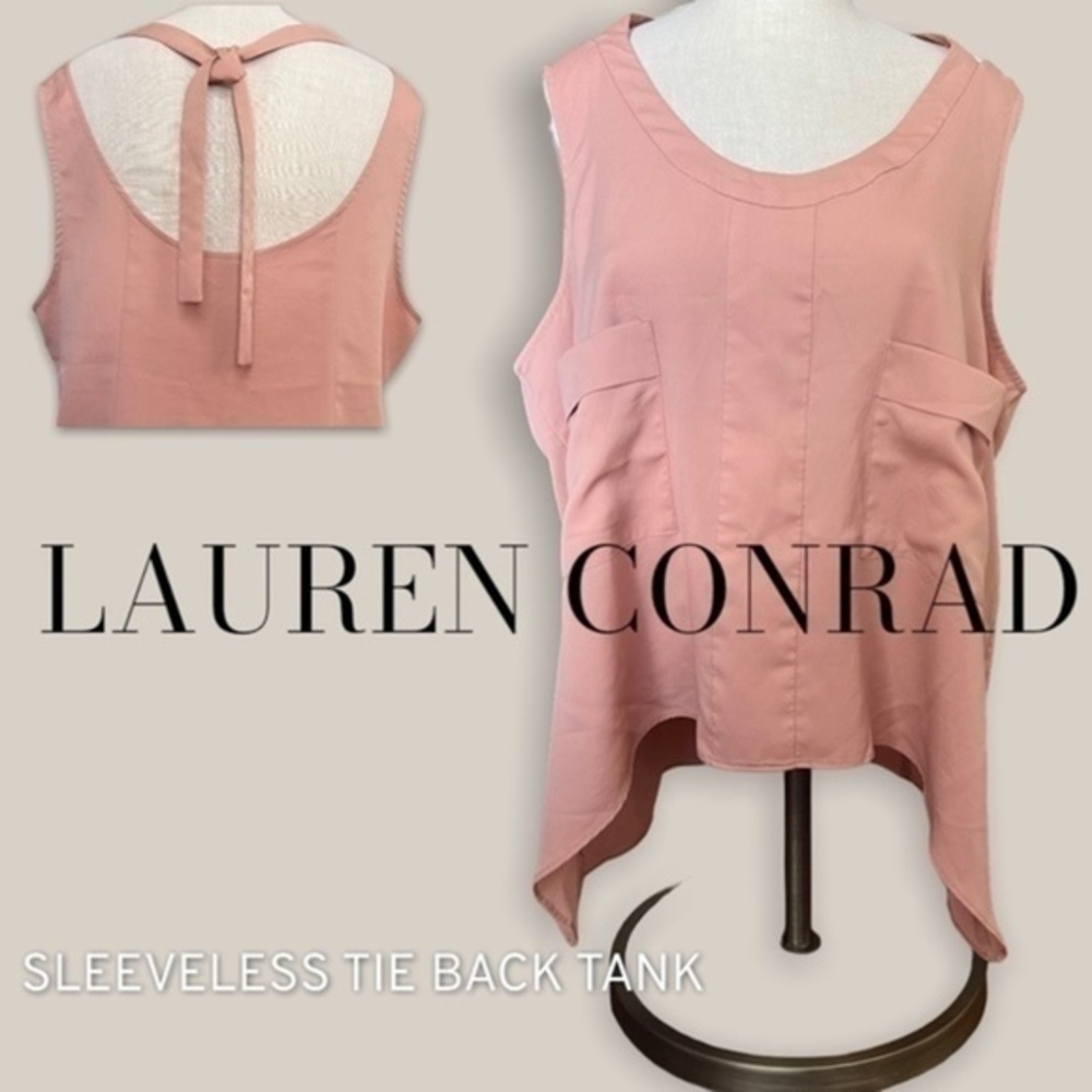 LAUREN CONRAD Pleated Satiny Bow-Back Tank Top In Rosy Clay